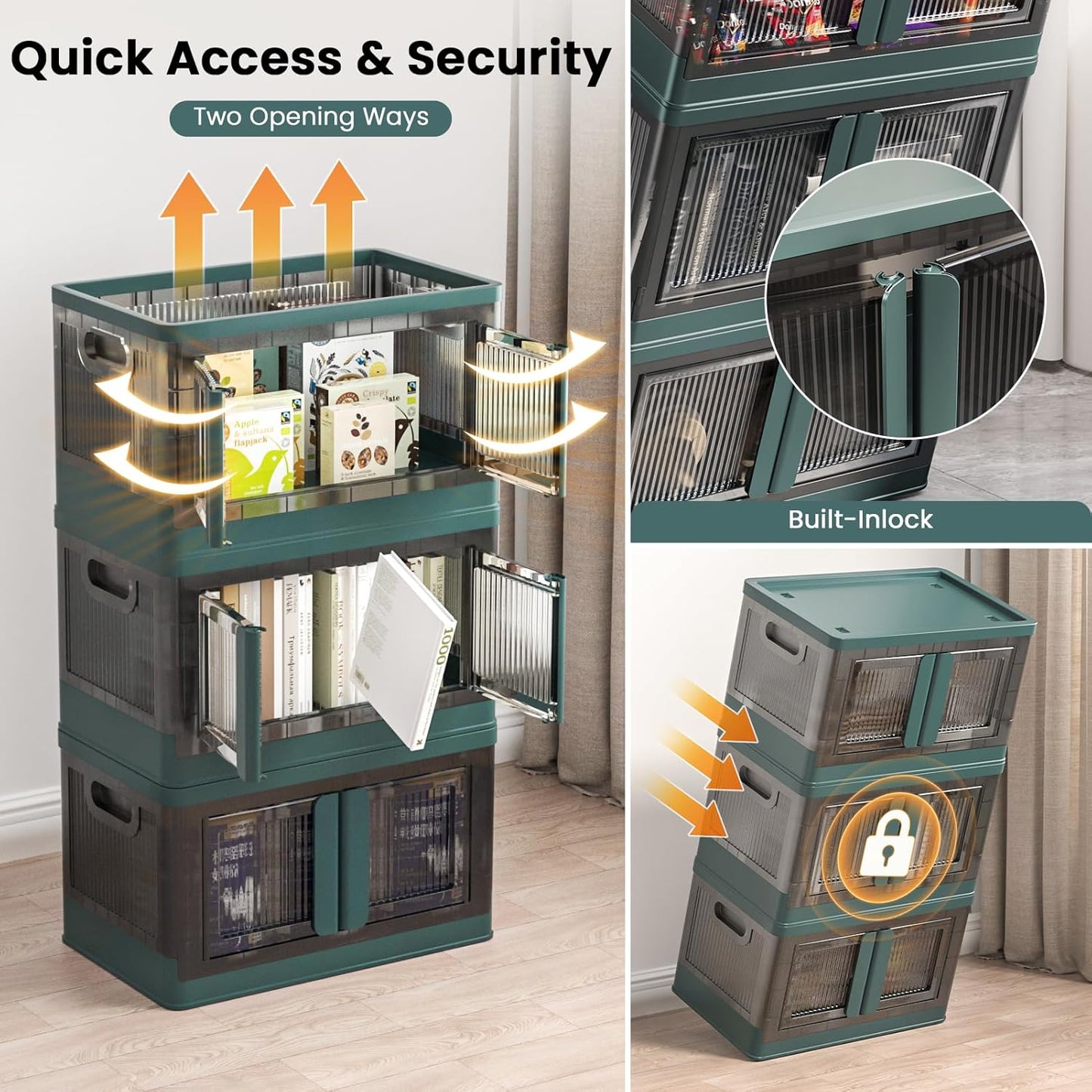 8.4Gal Collapsible Storage Bins with Lids & Wheels - 1 Pack Stackable with Doors, Heavy-Duty Plastic Containers for Home/Office, Green