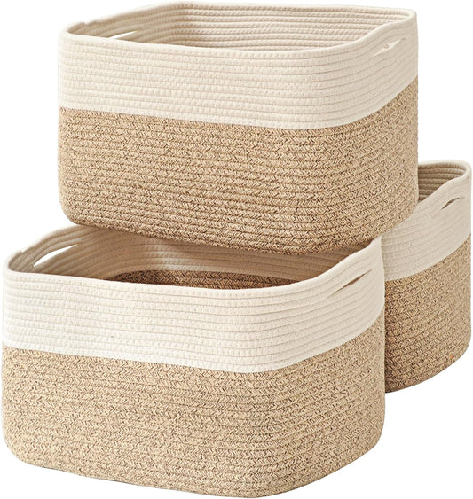 Large Storage Baskets for Organizing Shelves, Woven Cotton Rope Bins for Baby Nursery Organization, Book Toy Towel Organizer, 17"x13"x9.5", 3 Packs, Off White & Brown