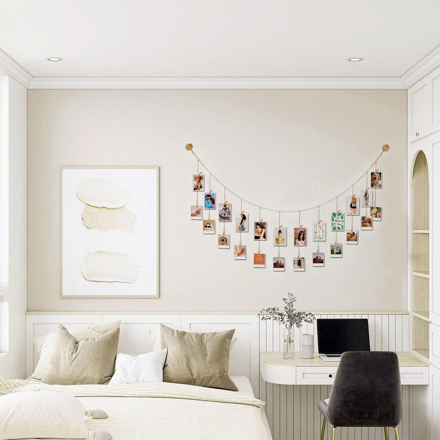 6 Feet Wooden Beads Garland with Clothespins Picture Cards Holder - Country Farmhouse Christmas Nursery Boho Holiday Decorations with Clips