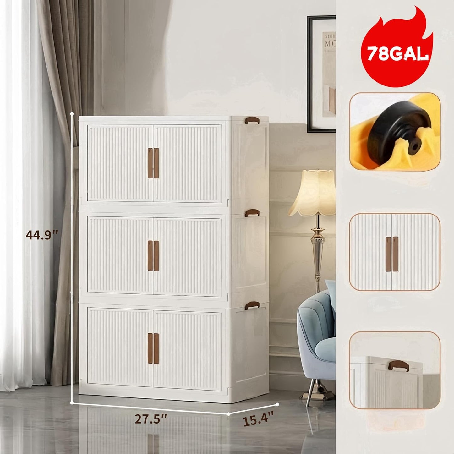 312QT/78GAL Stackable Storage Bins with 1 lid Foldable Storage Drawers with Wheels for Clothes Collapsible Storage Bins Container with door for Home,Office, Dorm Room(104Qt X 3)