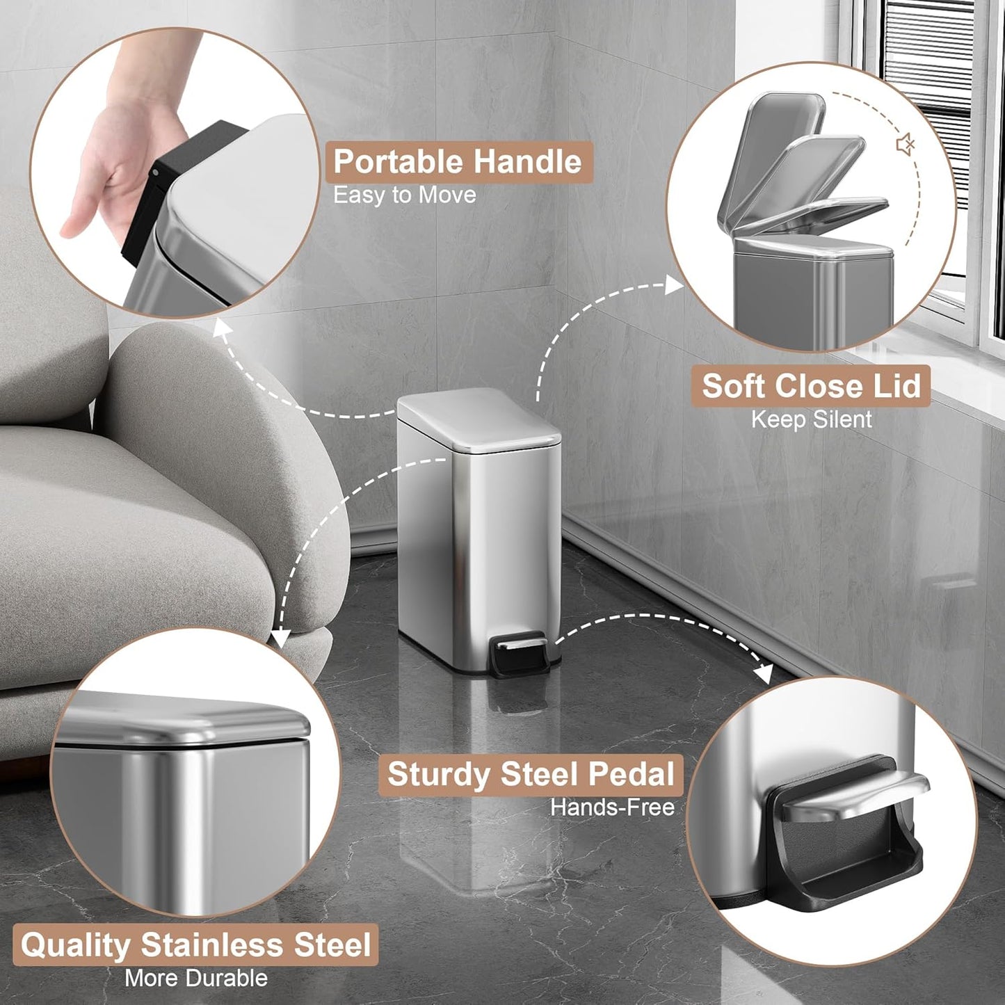 Small Trash Can with Lid Soft-Close, 6 L/1.6 Gal Bathroom Garbage Can with Removable Inner Bucket, Step Pedal, Stainless Steel Wastebasket for Kitchen, Bathroom, Bedroom, Office, Silver