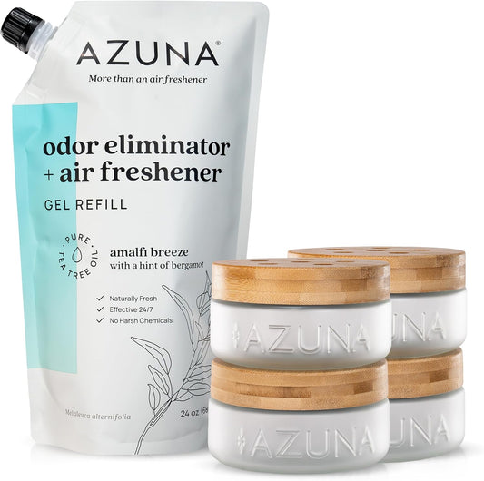 Azuna Air Freshener & Odor Eliminator Gel 4 Room Kit, Includes (4) 8 oz. Empty Luxe Glass Jars & 24 oz. Refill with Tea Tree Essential Oil, Amalfi Breeze, Works 24/7 for 60-90 Days