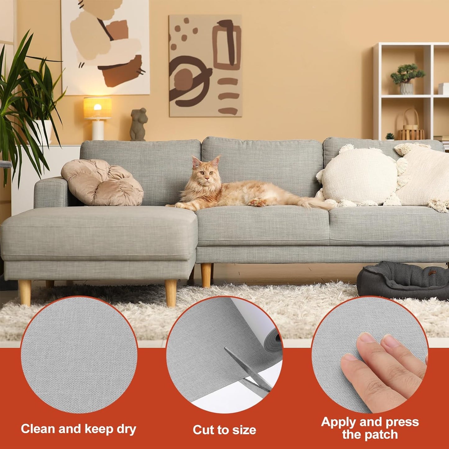 PATIKIL 70x6.2 Inch Linen Repair Tape, Repair Fabric Patch Self Adhesive Couch Patch Line Repair Patch for Furniture Sofa Car Seats Office Chairs, Beige Gray