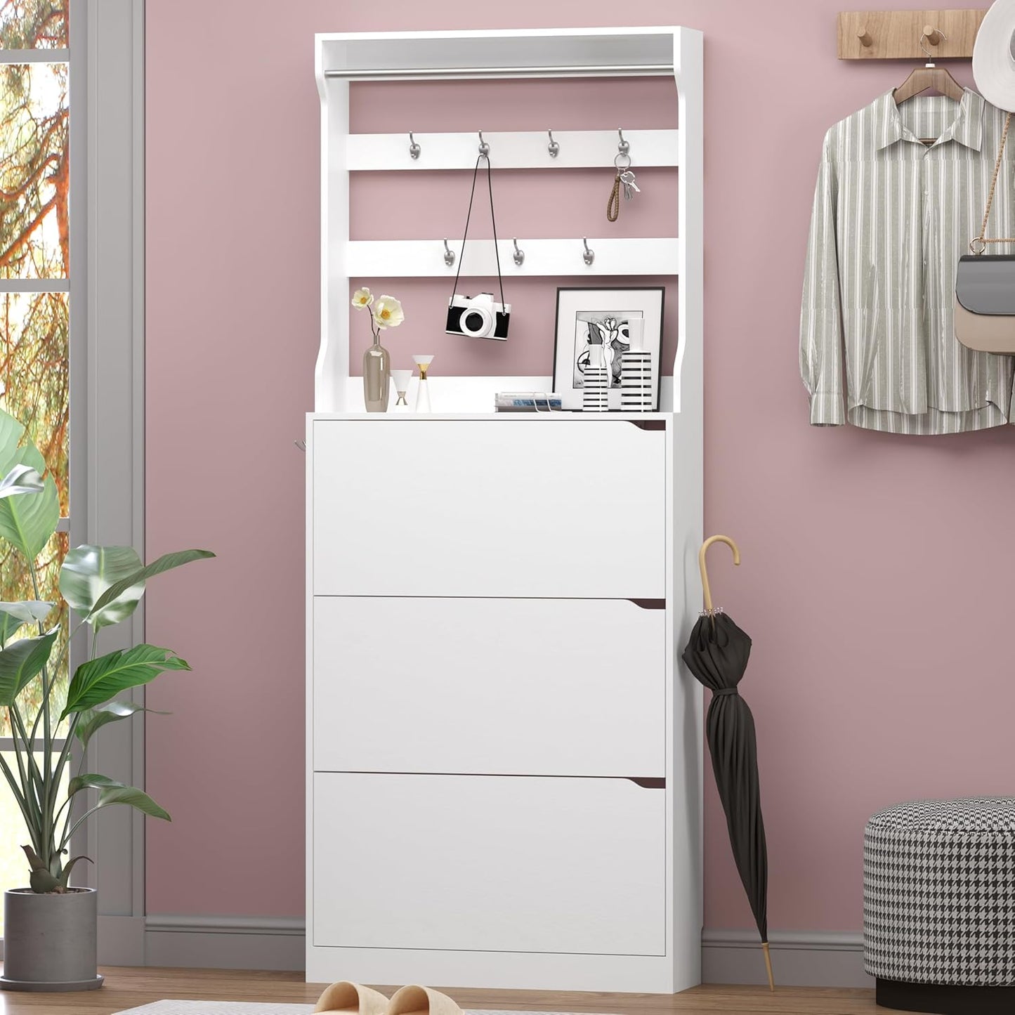 Shoe Cabinet with 3 Flip Drawers & Coat Rack, Narrow Hidden Shoe Storage Cabinet, 2-in-1 Hall Tree Slim Freestanding Shoe Rack Organizer for Entryway, Hallway, and Living Room