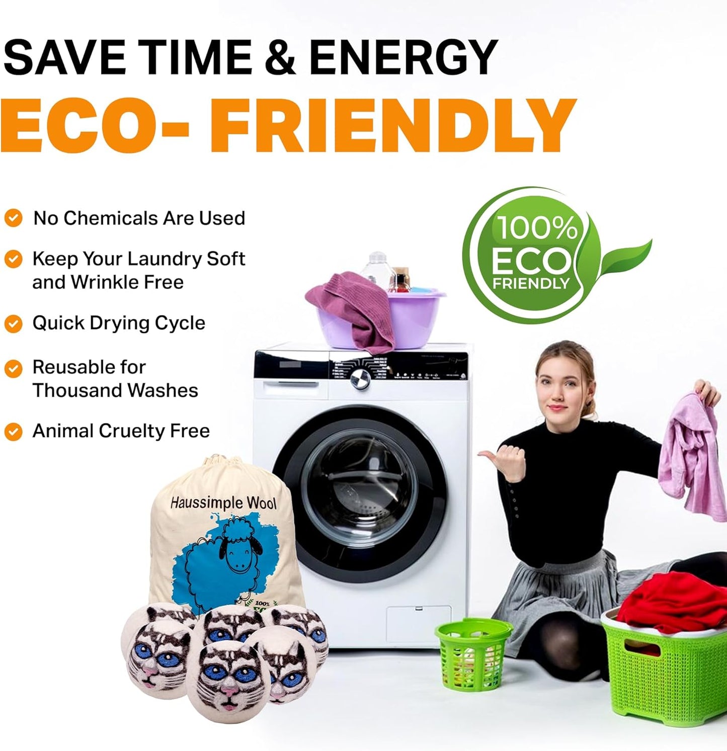 Wool Dryer Balls Organic Felt 6 Pack Laundry Fabric Softener, Extra Large Reusable Handmade Natural Sheep Wool Lint Wrinkle Free Anti Static Baby Safe (Gray Cat)