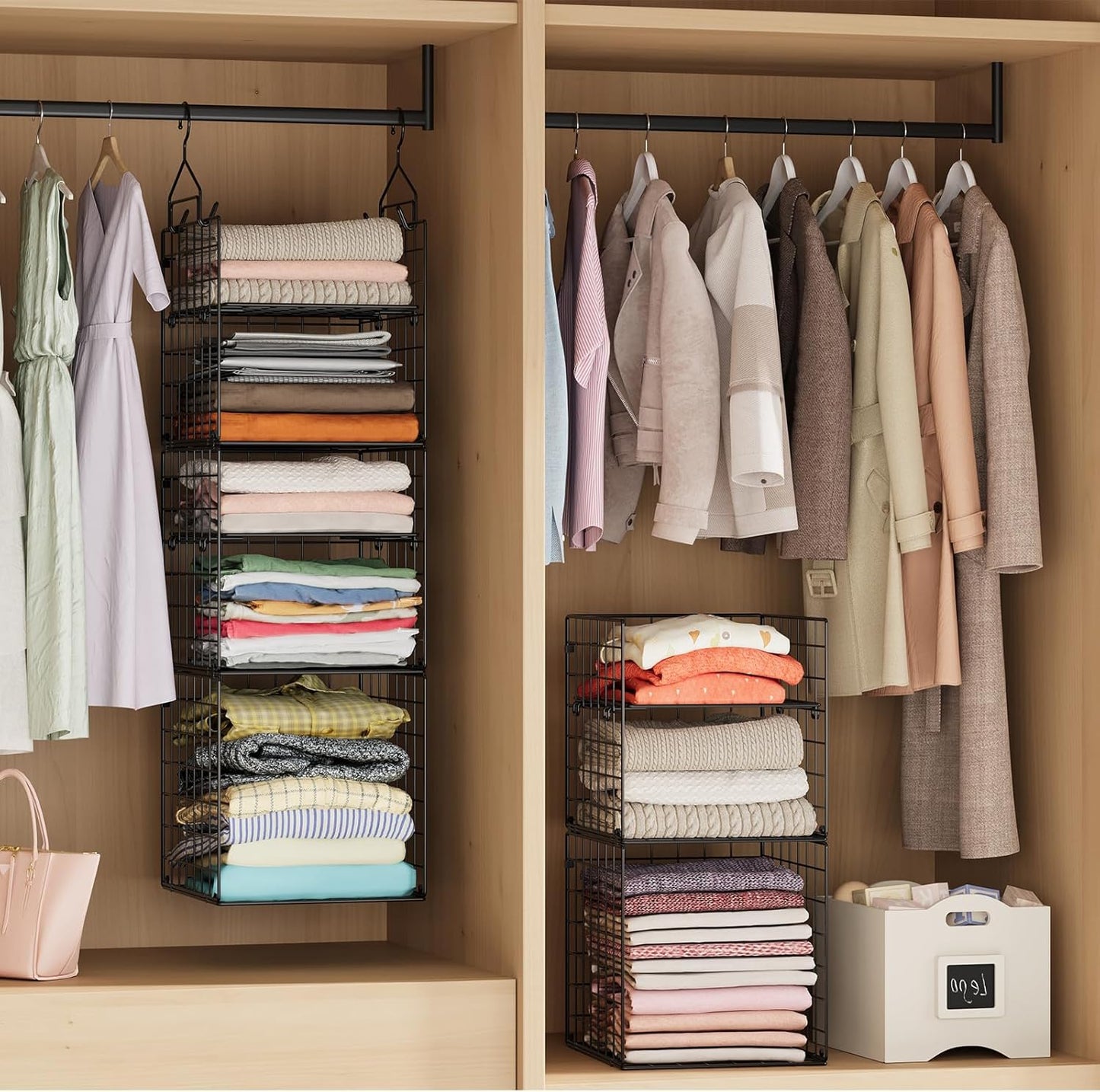 X-cosrack Hanging Closet Organizer and Storage - 5-Tier Closet Storage Organizer Baskets for Clothes & Adjustable Collapsible Metal Closet Hanging Organizer Shelves for Sweaters Shoes Handbags