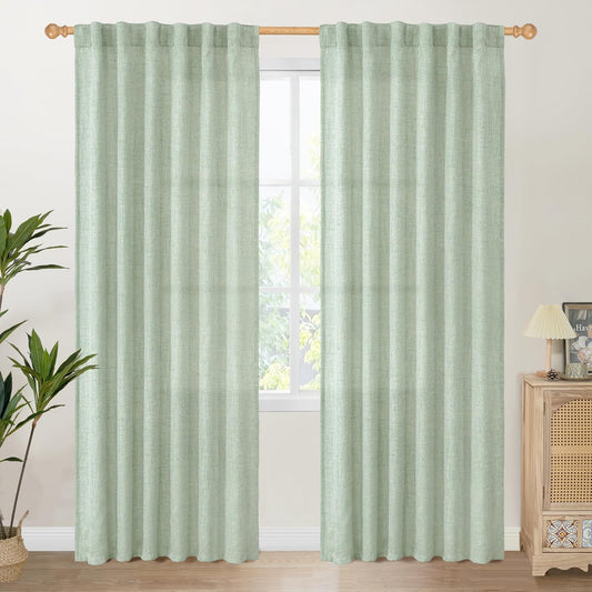 YoungsTex Sage Green Curtains 80 Inch Length for Living Room, Semi Sheer Linen Drapes Light Filtering with Back Tab Rod Pocket for Bedroom Office Spring Window Treatments, 52 X 80 Inch, 2 Panels