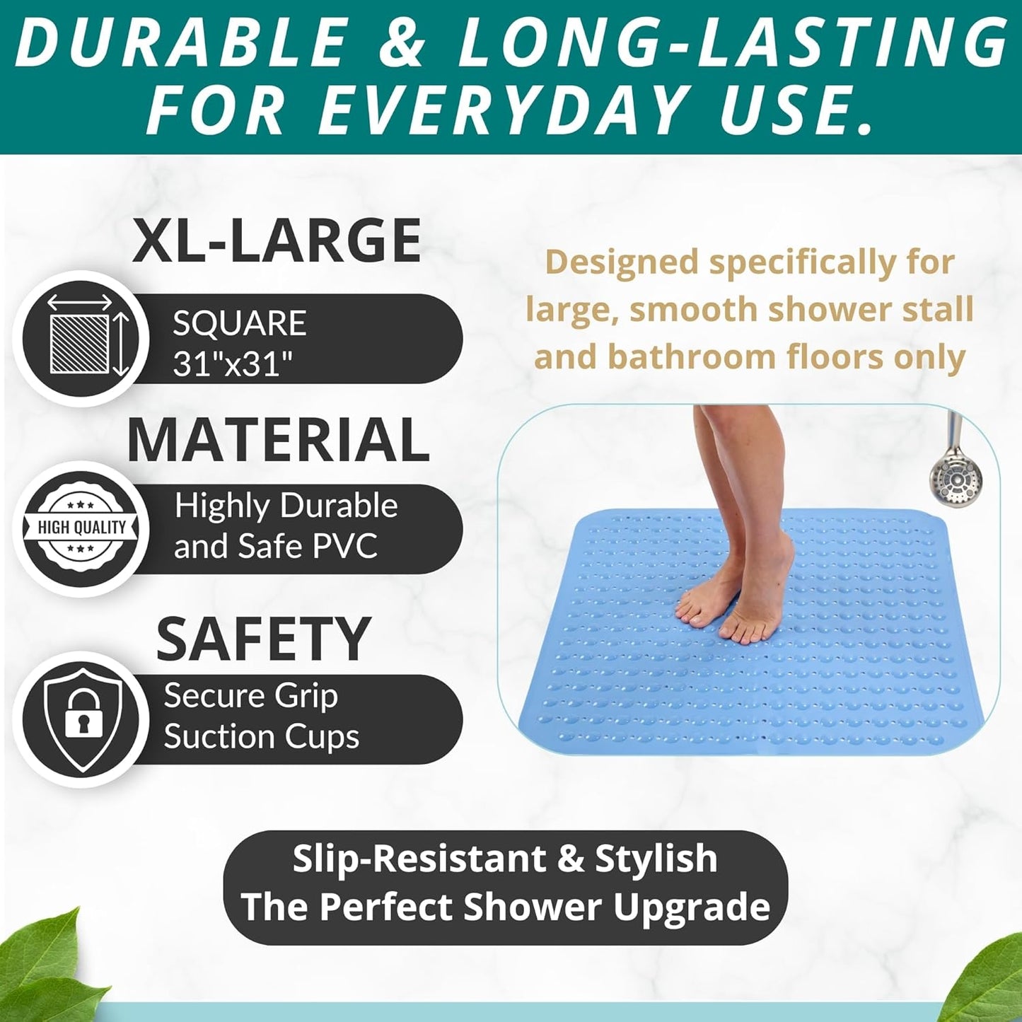 ENKOSI Extra Large Square Non Slip Shower Mat - 31 x 31-inch XL Bathroom Shower Mat - Square Shower Matts for Shower Stall Floors | Secure Suction Cups and Drain Holes (31x31 Aqua Blue)