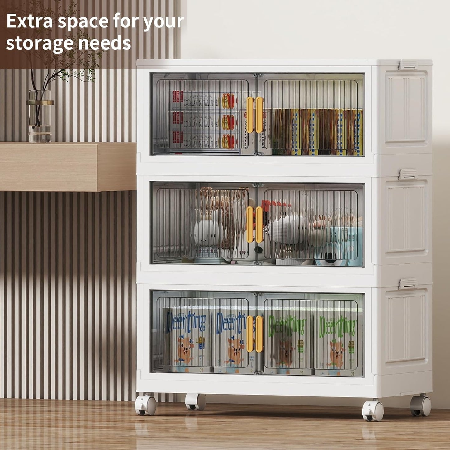 77Gal Stackable Plastic Storage Bins with Lids, Collapsible Closet Organizers and Storage with Wheels for Living Room,Office,Dorm, 30.5" W x 14.6" D x 40" H, 3 Tier