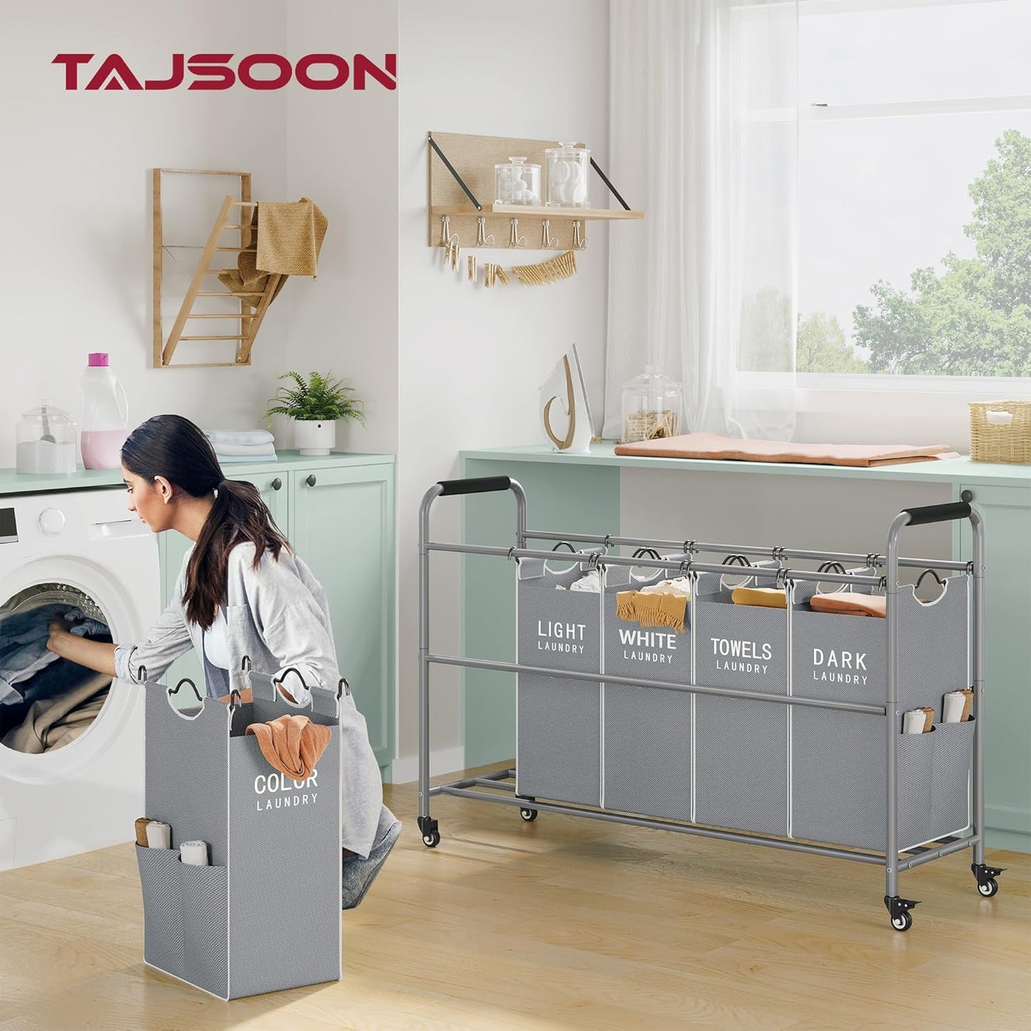 Tajsoon 5 Bag Laundry Sorter Cart, Laundry Hamper Sorter Basket with Heavy Duty Lockable Rolling Wheels for Clothes Storage, Grey & White