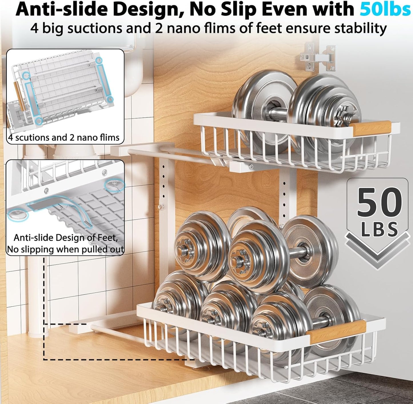 Under Sink Organizer Storage 1 pack, 2 Tier Slide Out Height Adjustable Pull Out Cabinet Organizer Drawers, Kitchen Bathroom Large Capacity Metal Under Sink Rack Caddy Basket Shelves, White