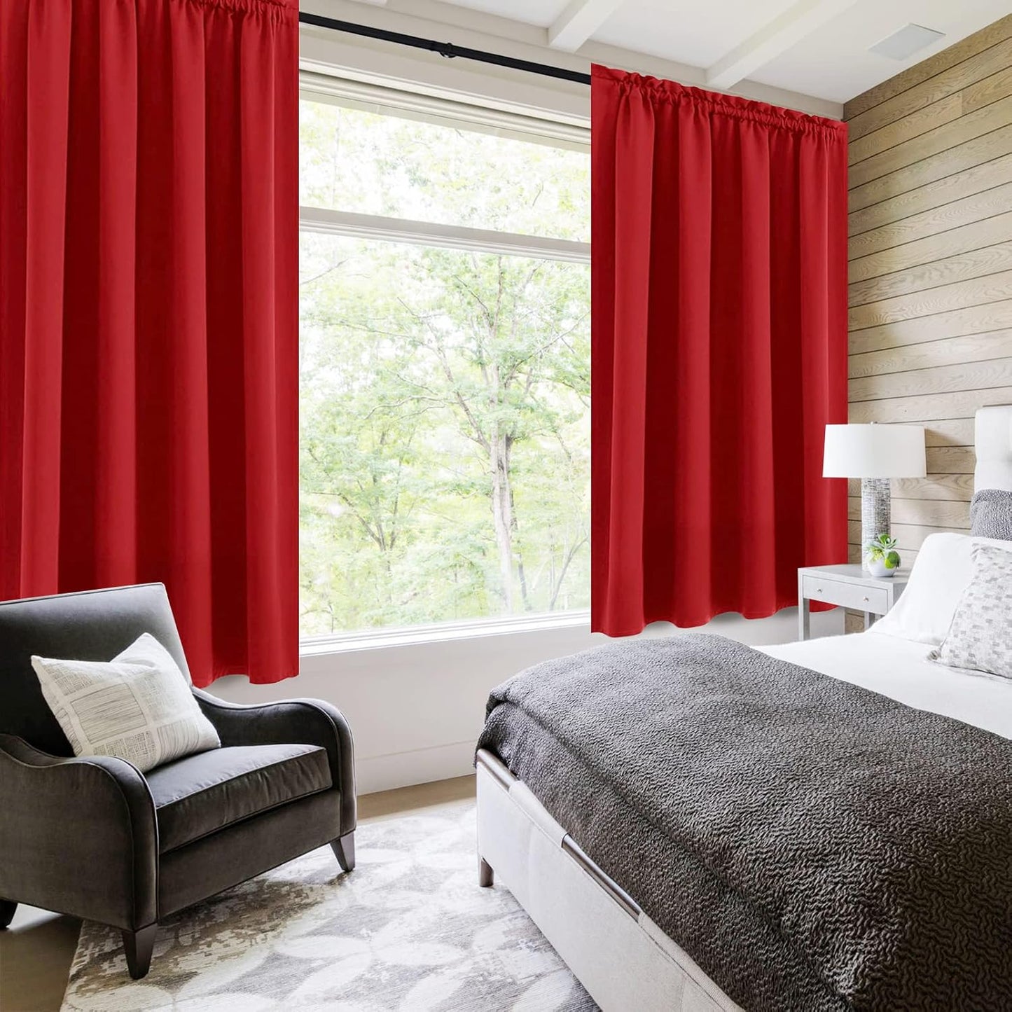 DWCN Christmas Blackout Curtains Room Darkening Thermal Insulated Bedroom Curtains Window Curtain Panels, 52 x 45 inches Long, Set of 2 Red Rod Pocket Drapes