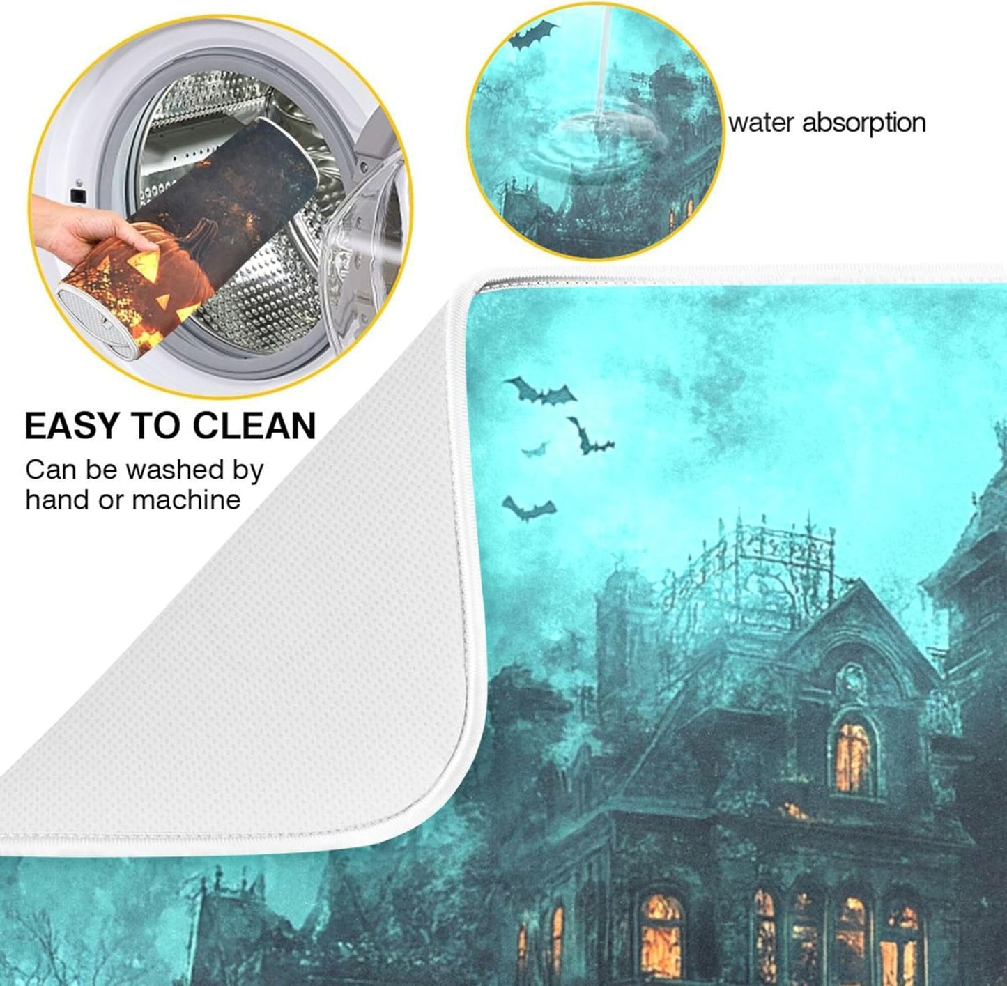 Halloween Castle Dish Drying Mat for Kitchen Countertop 18x24 Spooky Witch Pumpkin Lantern Large Drying Mat Reusable Quick Dry Dish Sink Mats Easy Clean Decorative Essentials