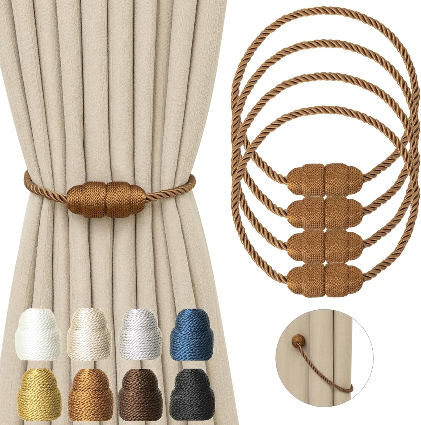 Magnetic Curtain Tiebacks Rope Curtain Tie Backs for Curtains 4 Pack Curtain Holders for Drapes Decorative Window Curtain Holdbacks, Khaki