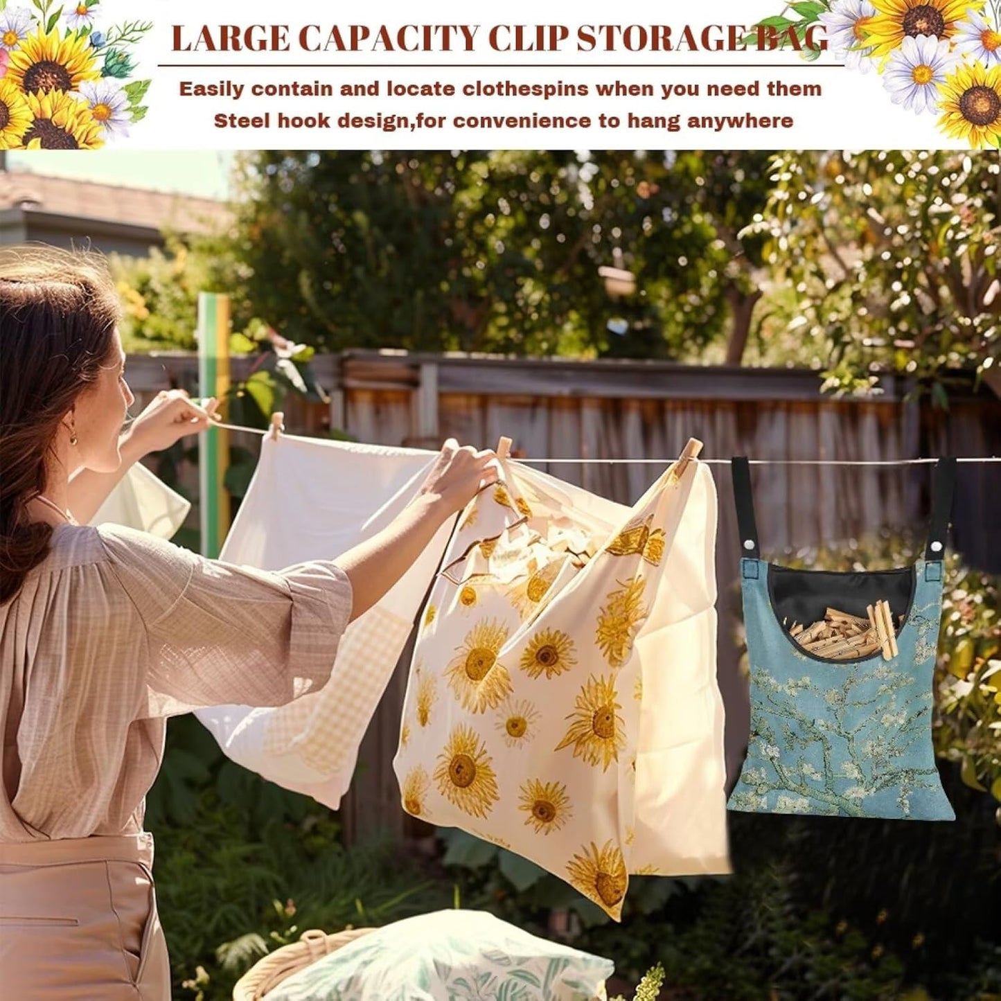 Almond Blossom Print Max Capacity Clothespin Storage Bag 14.5x12in - Generous Opening for Quick Loading - Sturdy Hanging Solution for Outdoor Clotheslines & Indoor Laundry Areas