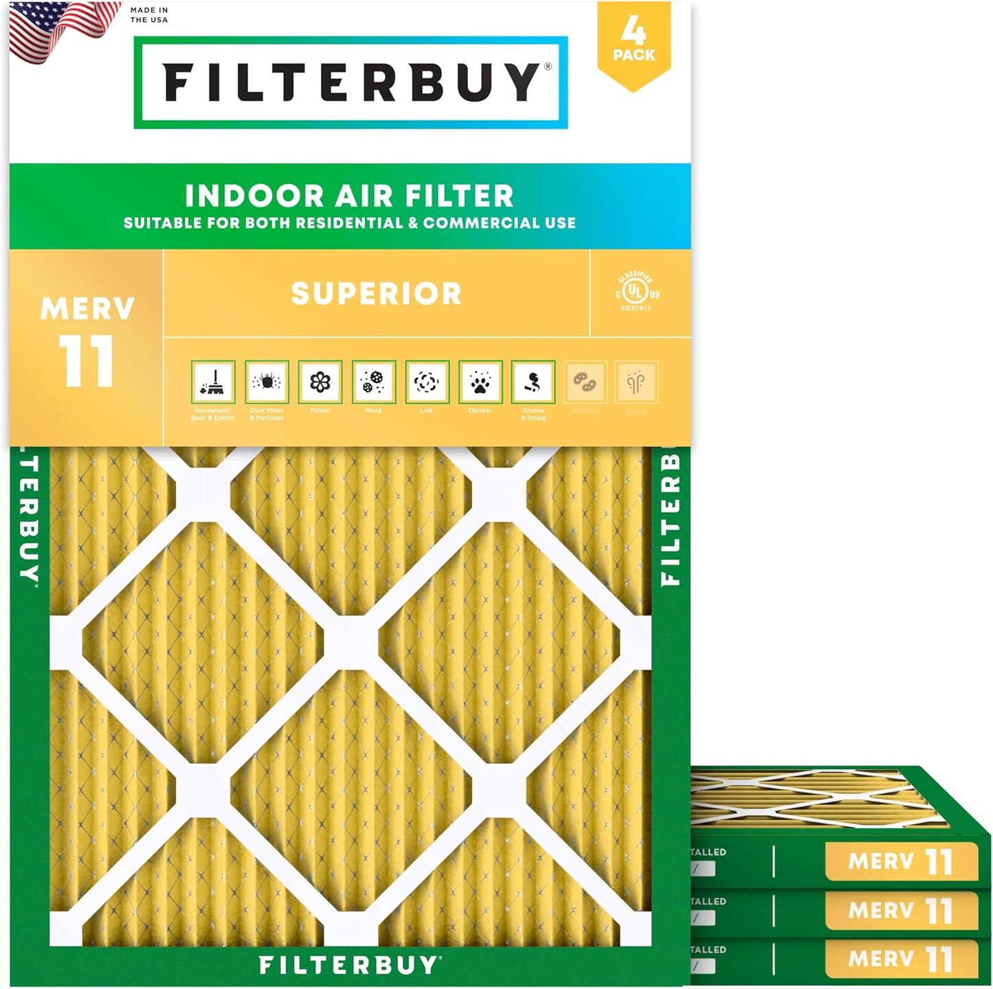 Filterbuy 19x20x1 Air Filter MERV 11 (MPR 1200) Allergen Defense Replacement (4-Pack), Electrostatic Pleated HVAC AC Furnace Filters, Made in USA (Actual Size: 19.00 x 20.00 x 0.75)