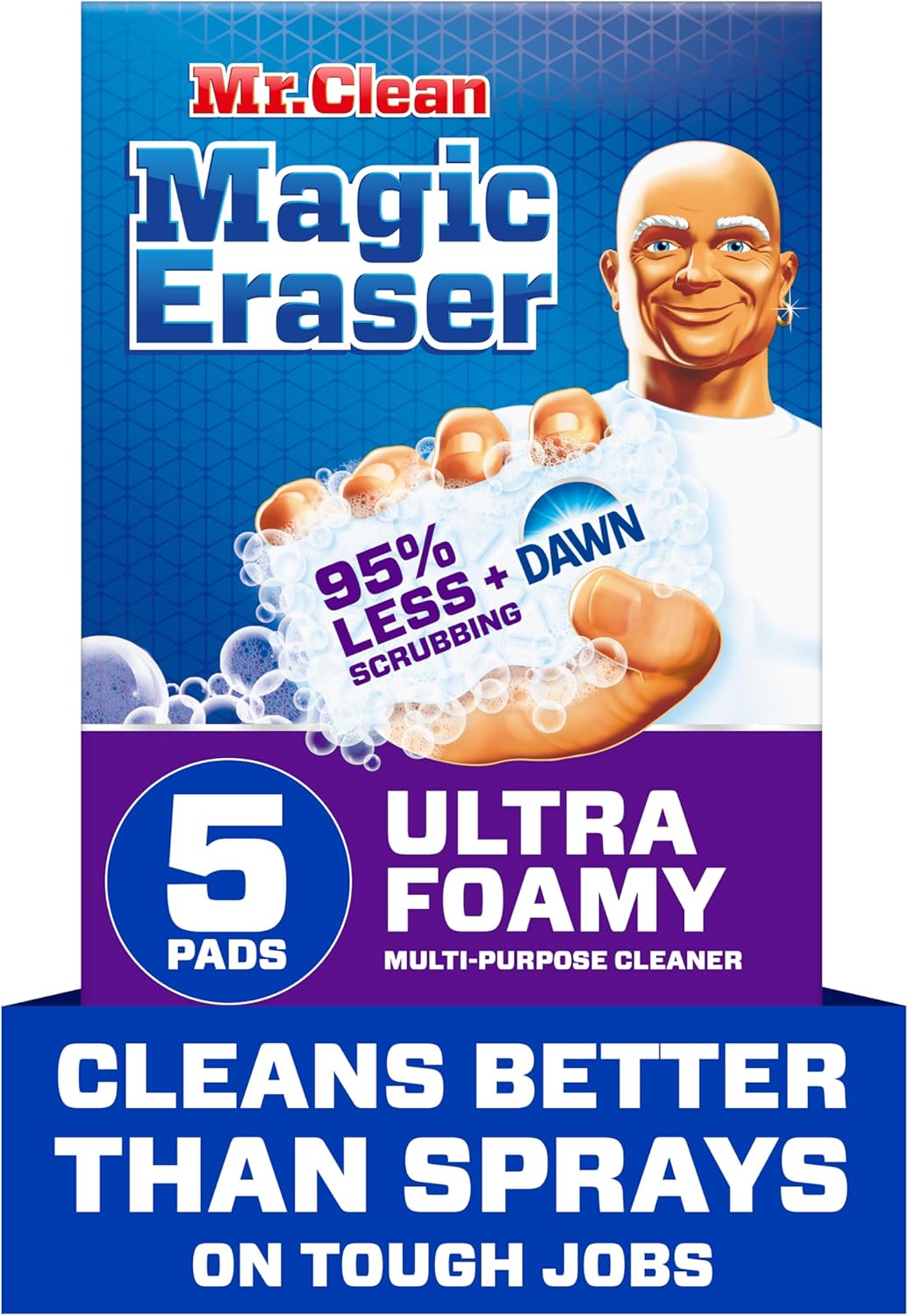 Mr. Clean Magic Eraser Foaming Sponge, All Purpose Cleaner, Dawn Cleaning Power, Wall Cleaner, Sneaker Cleaner, Oven Cleaner, Kitchen, Bathroom, Shower Cleaning Supplies, Scrubber, Ultra Foamy, 5ct