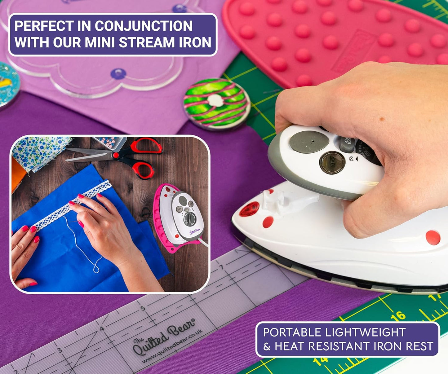 The Quilted Bear Mini Iron Rest - Silicone Heat Resistant Mat for Stress-Free Crafting, Sewing & Quilting Supplies - Durable and Protective Surface for Mini Iron (Purple)