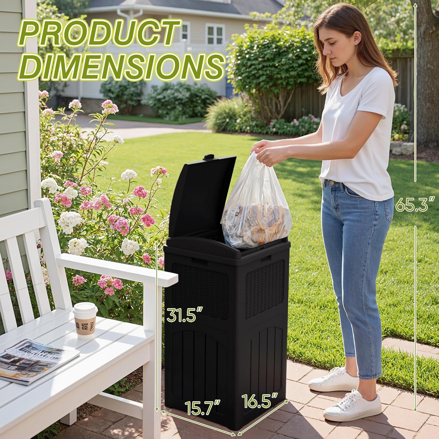 Greesum 33 Gallon Outdoor Trash Can with Lid (2-Pack), Heavy Duty Resin Garbage Bin, Waterproof & UV Resistant for Patio, Garden, Deck, Yard, Dark Black
