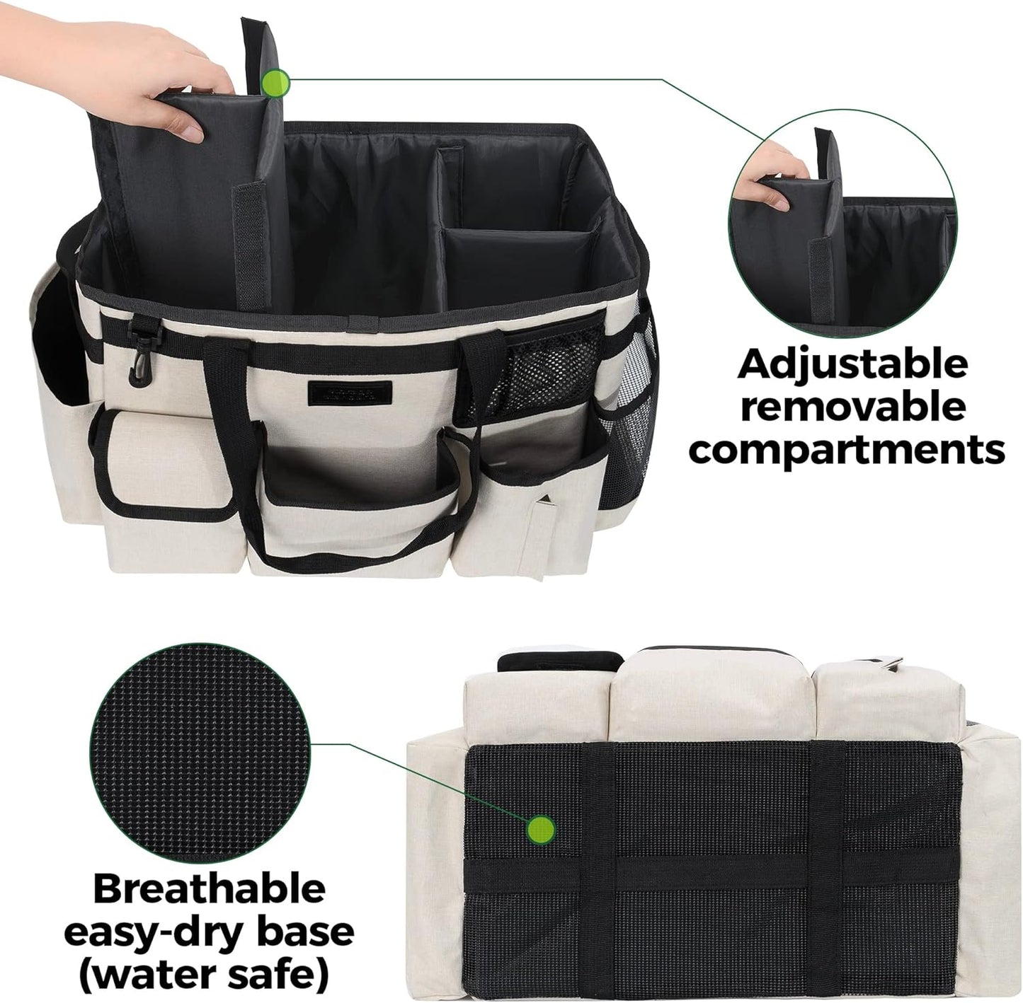 Cleaning Caddy Organizer with Handle - Large Caddy Bag for House & Bathroom Cleaning Supplies, 15 x 8 x 10.5 inches Cleaning Supply Caddy, Housekeeping Tote with Adjustable Strap - Beige