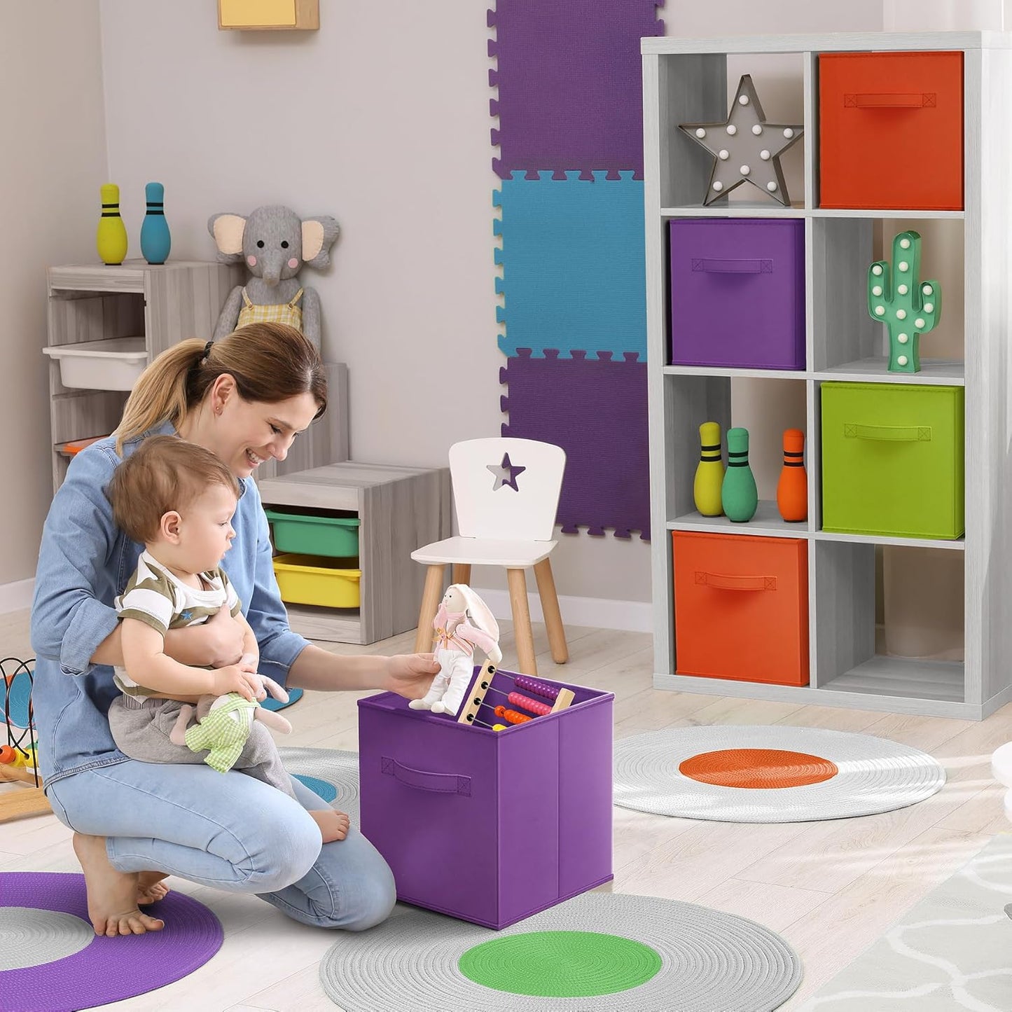 Sorbus Storage Cubes - 11" Foldable Storage Bins with Handle for Nursery, Playroom, Closet Organizers and Storage - 6 Fabric Shelf Basket for Toys, Books, Clothes - Purple Green & Orange Storage Bin