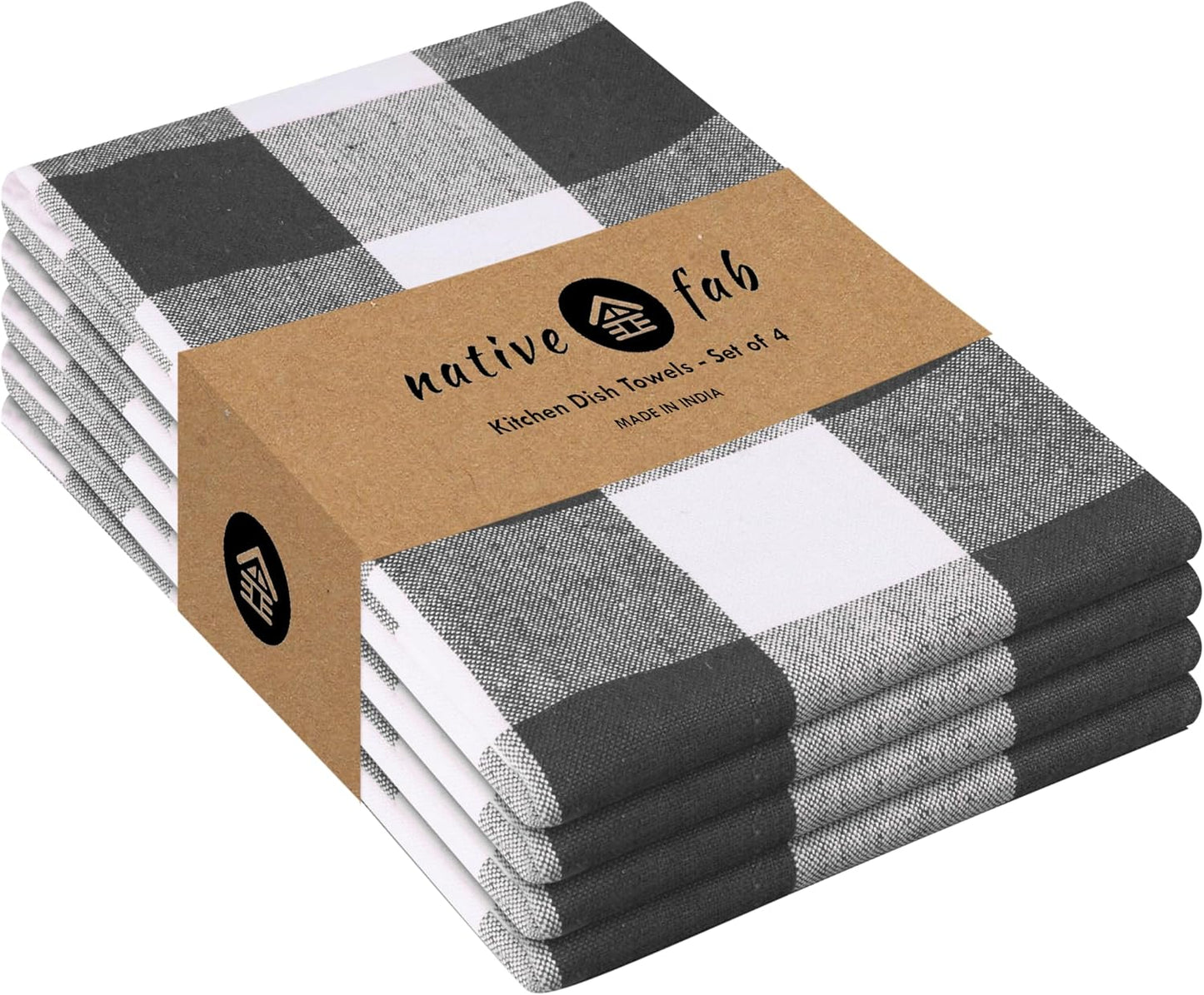 Native Fab 4-Pack Kitchen Towel with Hanging Loop 16x26 inches, Cotton Buffalo Check Kitchen Towels for Cleaning Drying, Washcloths Soft & Absorbent Cloth Rags, Bar Towel, Dish Cloth, Grey