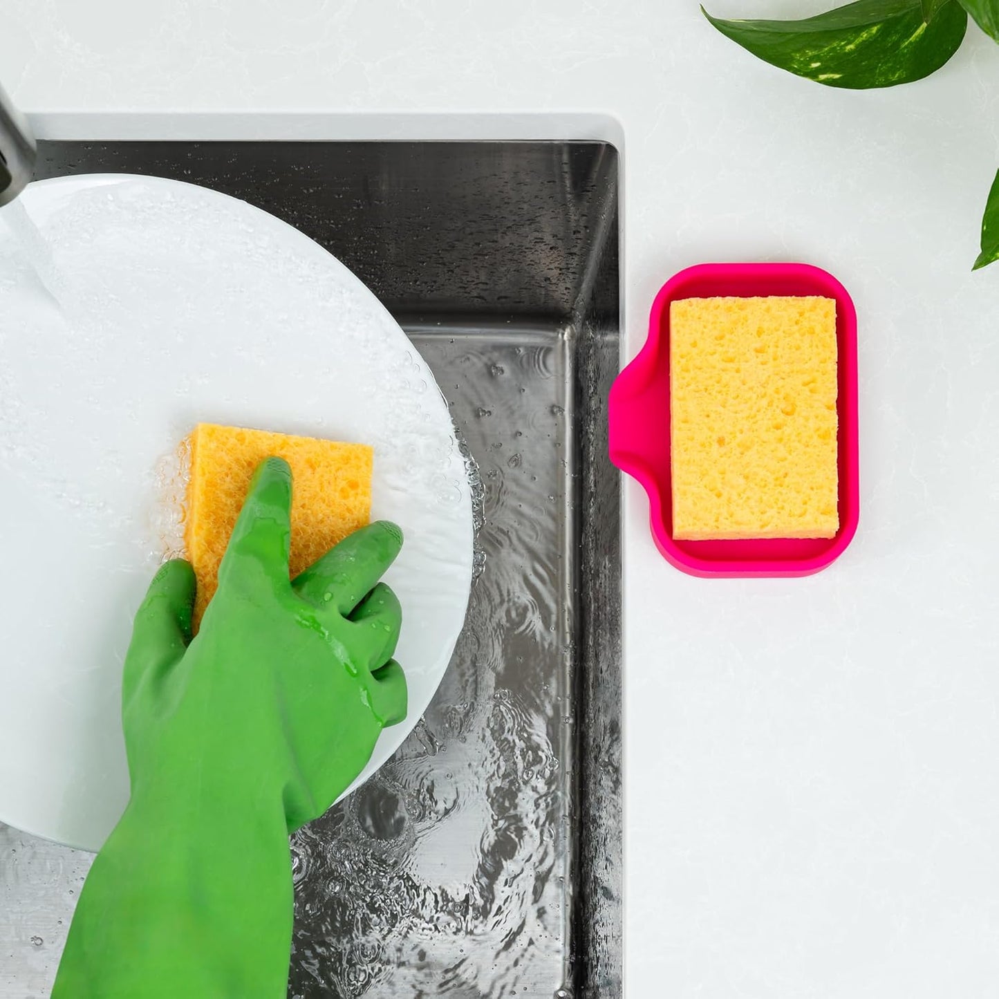 Zulay Small Silicone Sponge Holder (4.9x3.3”) – Space-Saving Sink Organizer Tray for Sponge, Soap, Brush & More – Compact Non-Slip Dish for Kitchen & Bathroom (Dragon Fruit)