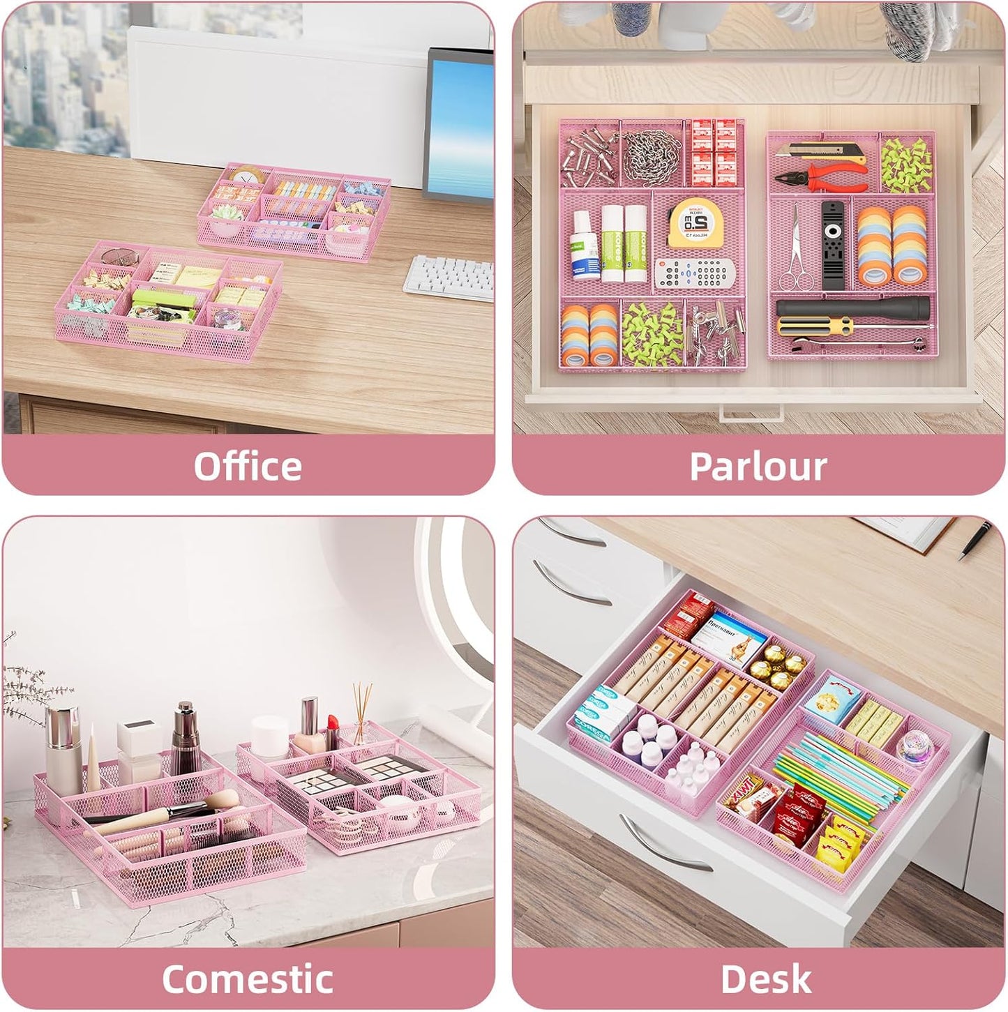 Marbrasse 2 Pack Desk Drawer Organizer, Mesh Drawer Organizer Tray with 8 Adjustable Compartments, Desk Organizers and Accessories, 5 Dividers Drawer for Office Supplies, Makeup & Vanity (Pink)