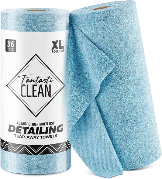 Fantasticlean XL Tear-Away Microfiber Cleaning Cloth Roll, 16'' by 16''- 36 Sheets, Thick & Large Detailing Towels, Ultra Absorbent, Lint-Free Reusable Wipes for Home, Car or Outdoor (Glossy Blue)