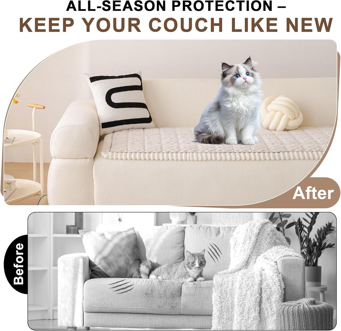 OTOB Couch Cover for Dogs Washable, Non Slip Plush Fuzzy Sofa Covers for 3 Cushion Couch Kids Pet Friendly, All Seasons Soft Cozy Furniture Protector Sofa Slipcovers (Cream, 31.5" x 82.7")