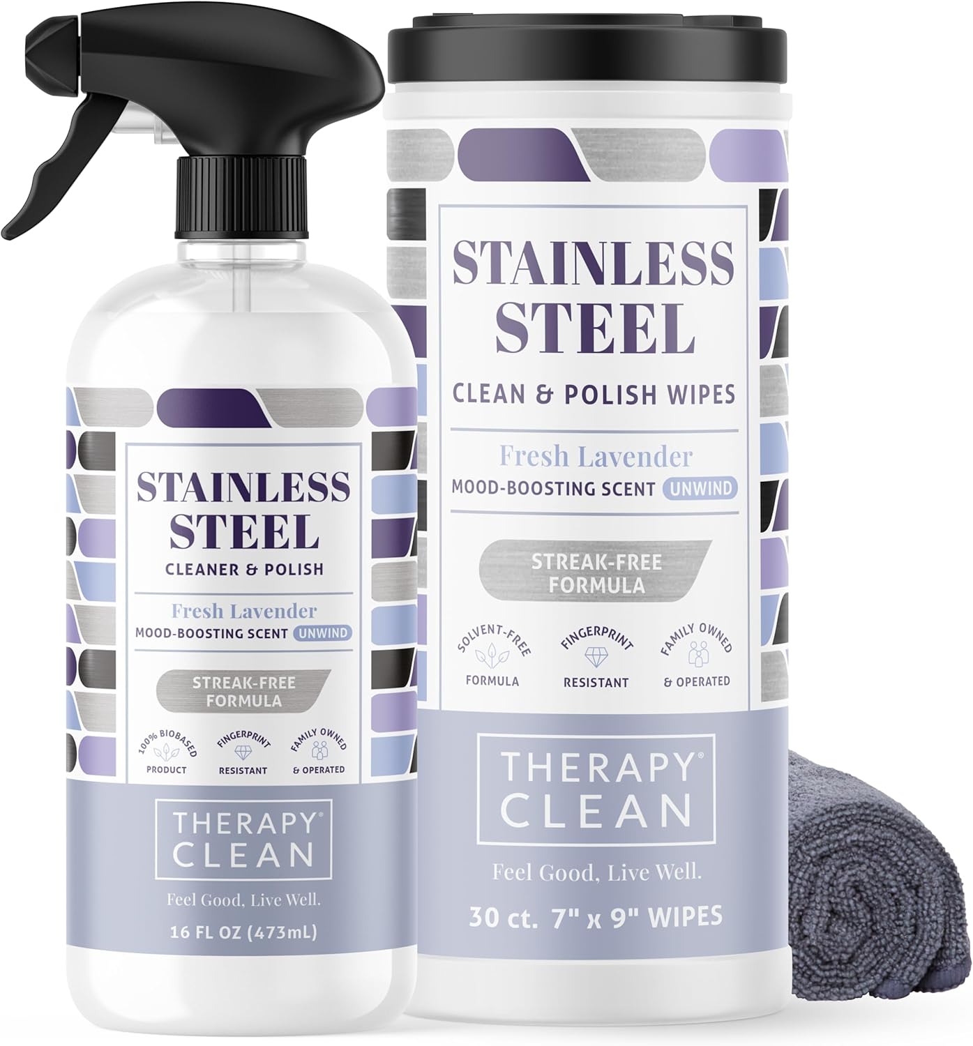 Therapy Stainless Steel Cleaner and and Polish Wipes Bundle with Microfiber Cloth - Remove Fingerprints from Appliances, Sinks, Fridge, Grill, Refrigerator, BBQ, Stove - Stainless Steel Spray and Wipe