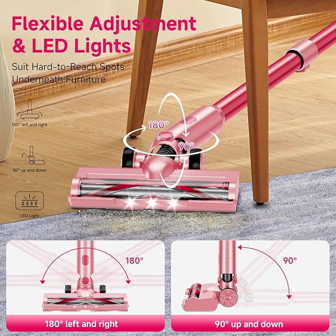 Cordless Vacuum Cleaner, 38Kpa Powerful Stick Vacuum Cleaner with 45mins Rechargeable Battery, LED Anti-Tangle Brush, 8-in-1 Handheld Vacuum Cleaners for Home/Pet Hair/Carpets/Floors, Pink