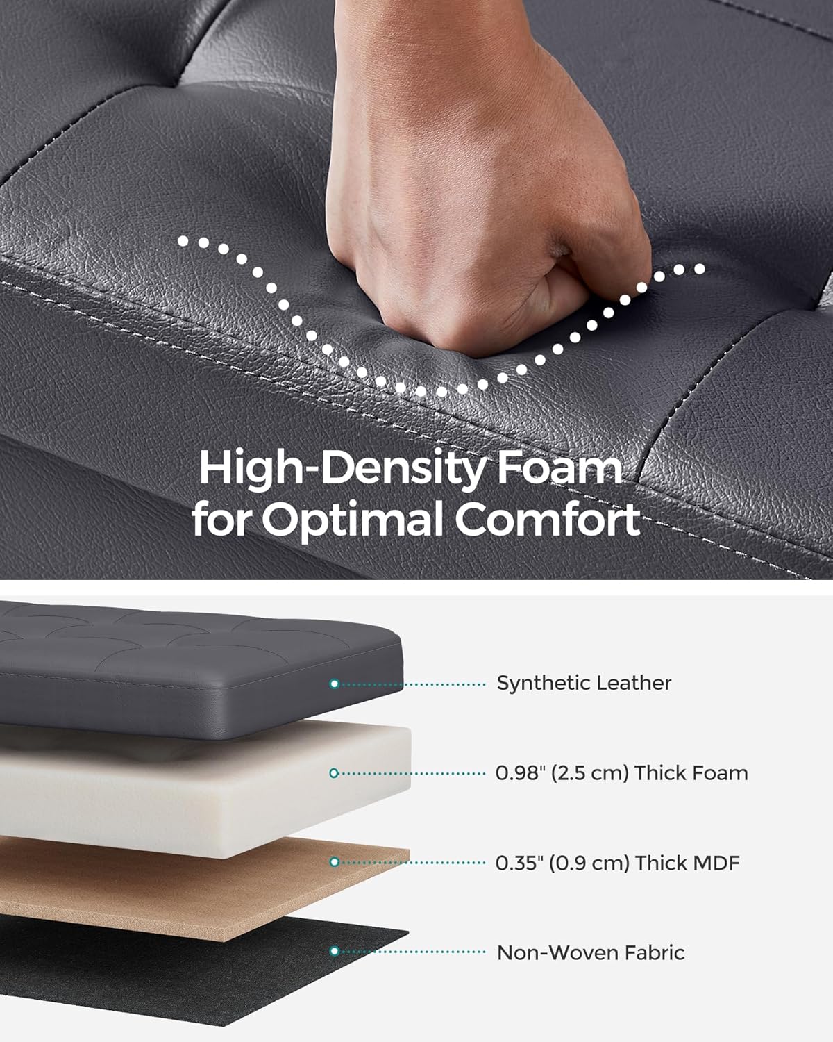 SONGMICS MAZIE Collection - 43 Inches Storage Ottoman Bench with Flipping Lid, Storage Chest with Iron Frame Support, Load 660 lb, for Living Room, Bedroom, Synthetic Leather, Dark Gray ULSF075G01