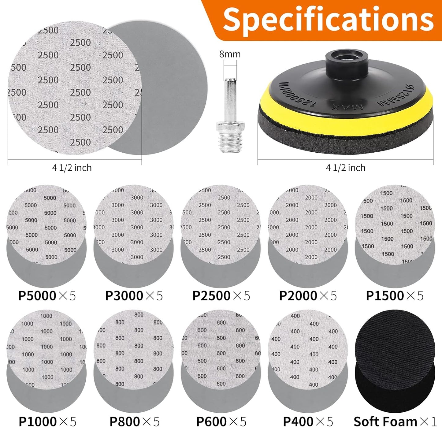 45PCS 5 Inch Wet Dry Sanding Discs Kit with Hook and Loop Backing Pad 5/8-11 and Foam, Angle Grinder Drill Sanding Attachment, Sander for Drill 400 to 5000 Grits Sandpaper for Wood Metal Car