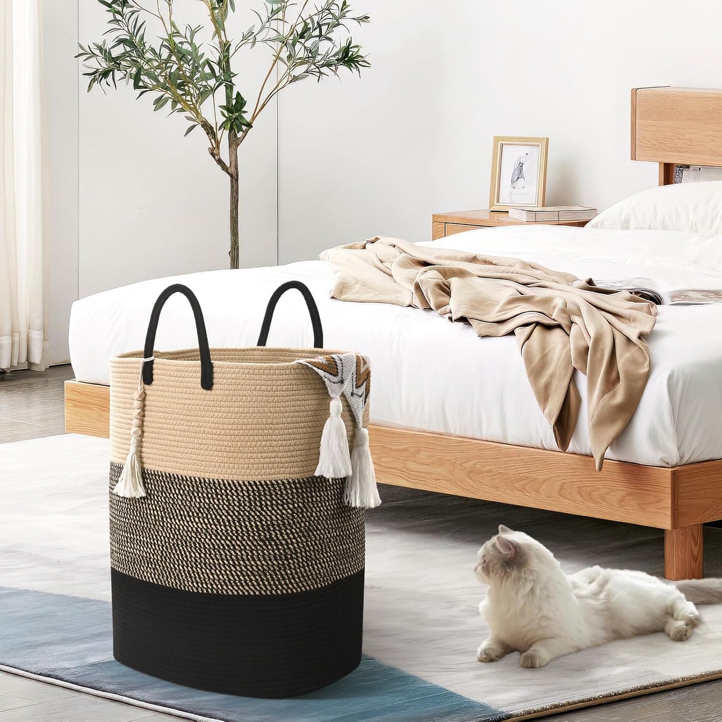 Woven Laundry Basket for Clothes, 50 L Large Rectangle Laundry Hampers with Beads Tassel, Nursery Storage Basket for Toys, Tall Dirty Clothes Hamper for Bedroom Aesthetic, Laundry Room Organization