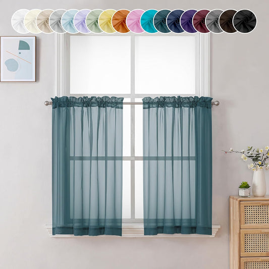 Chyhomenyc Dusty Blue Sheer Curtains 36 inch Length 2 Panels, Light Filtering Voile Short Window Curtians for Bathroom Small Windows, 42Wx36L inches,Stone Blue