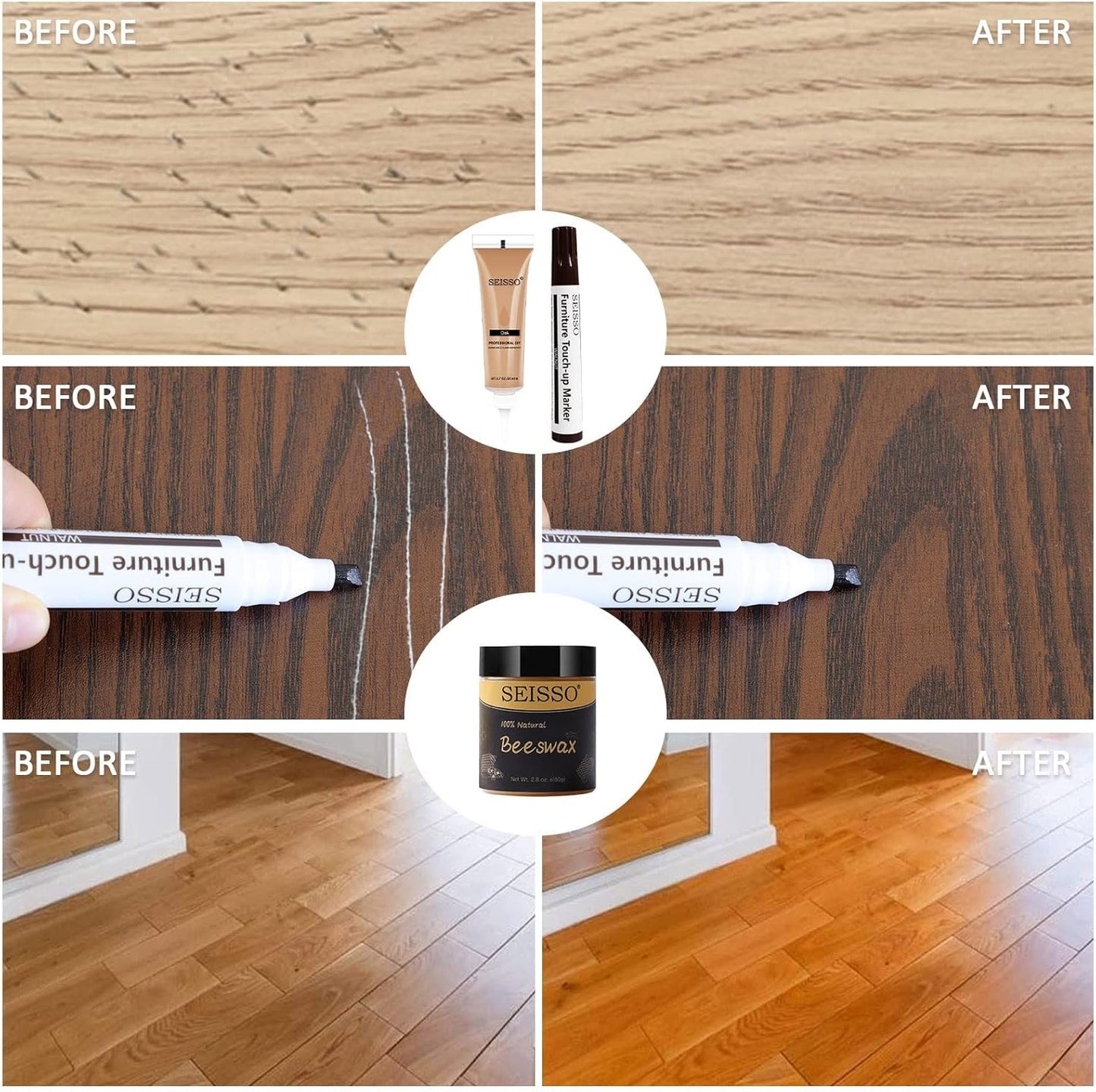 SEISSO Wood Scratch Repair Kit - Set of 36 Wood Filler Putty for Scratches Furniture Markers Touch Up Vinyl Floor Repair Kit - Restore a Finish, Cover Hardwood Scratches, Cracks, Hole, Table, Door