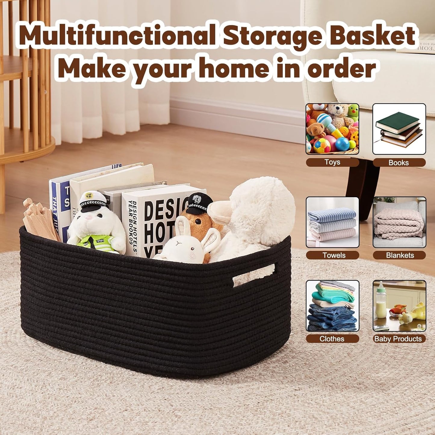 OIAHOMY Storage Basket for Shelves, Closet Cube Storage Bins Baskets for Clothes Blanket Towels, Baby Nursery, Toy Baskets Box, Woven Rope Basket, 15.75*11.81*7.09 IN, 2 Packs Black