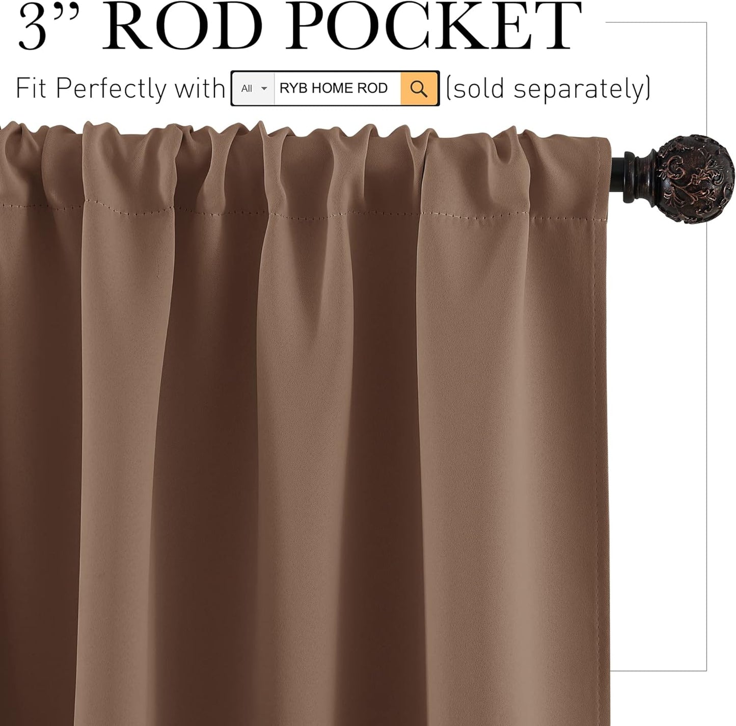 RYB HOME Blackout Small Window Curtains for Kitchen, 2 Panels Solid Kitchen Curtains Privacy Half Window Treatment for Closet Bathroom Bunk Bed Basement, W29 x L30 inches, Mocha