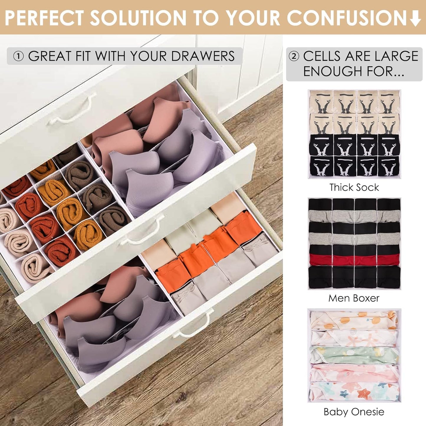 3 Pack Bra Underwear Drawer Organizer Dividers, 26 Cell Fabric Foldable Dresser Closet Organizers and Storage Boxes for Baby Clothes, Bra, Socks, Underwear, Ties (5+5+16 Slots, White)