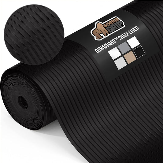 GORILLA GRIP DuraGuard Shelf Liner, Non-Adhesive Cabinet Liners for Kitchen Drawers, Shelves, Refrigerator, Pantry Storage, Bathroom Closet, Durable Waterproof BPA Free Ribbed Plastic, 12x10 Jet Black