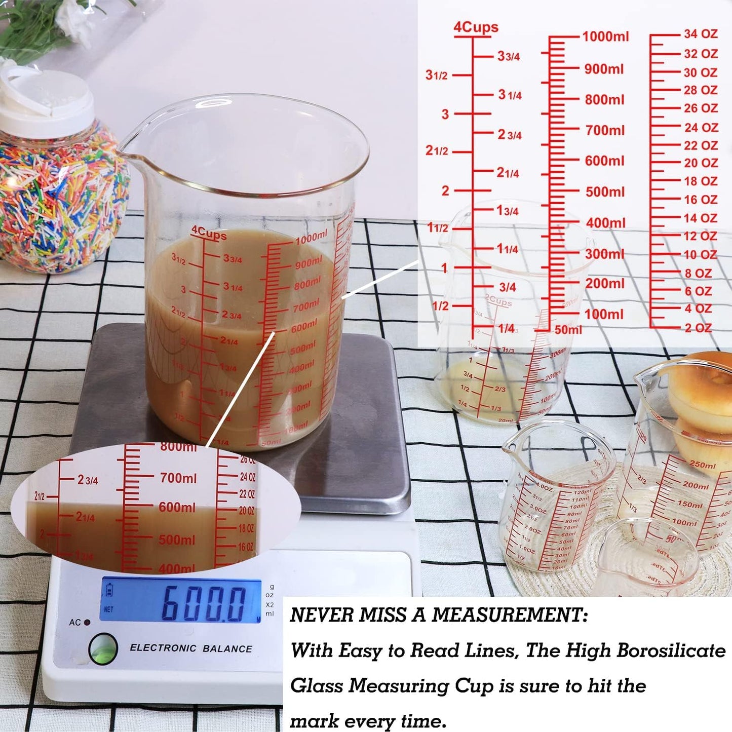 3 Piece Glass Measuring Cup Set, Includes 2-Cup, 4-Cup, and 8-Cup High Borosilicate Glasss Liquid Measuring Cups, Dishwasher, Freezer, Microwave, and Preheated Oven Safe, Essential Kitchen Tools