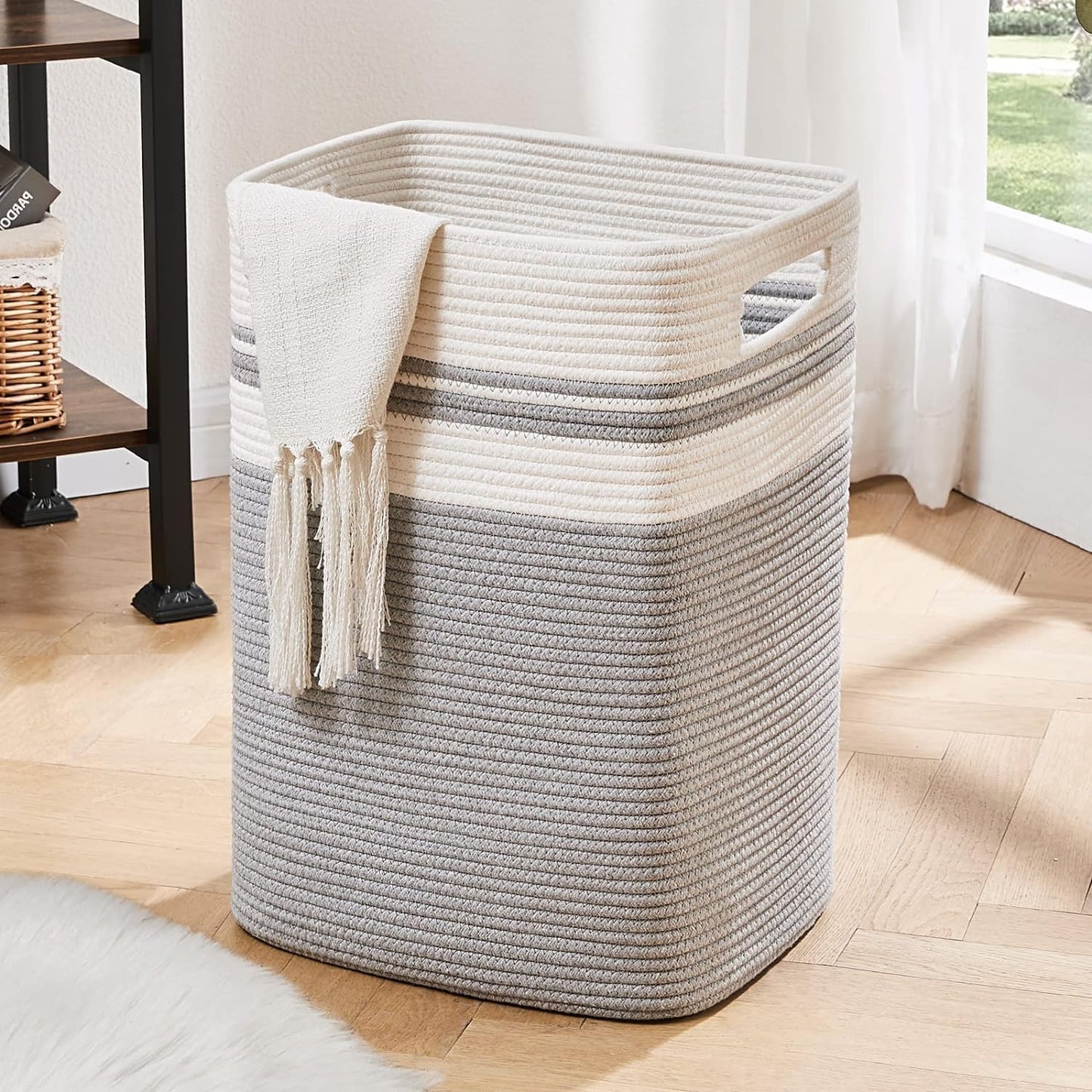 OIAHOMY Laundry Hamper, Tall Cotton Decorative Blanket Storage Basket with Handles for Living room,Collapsible Large Baskets for Toys,Pillows,Clothes Organizer-16x13x22in-Gray