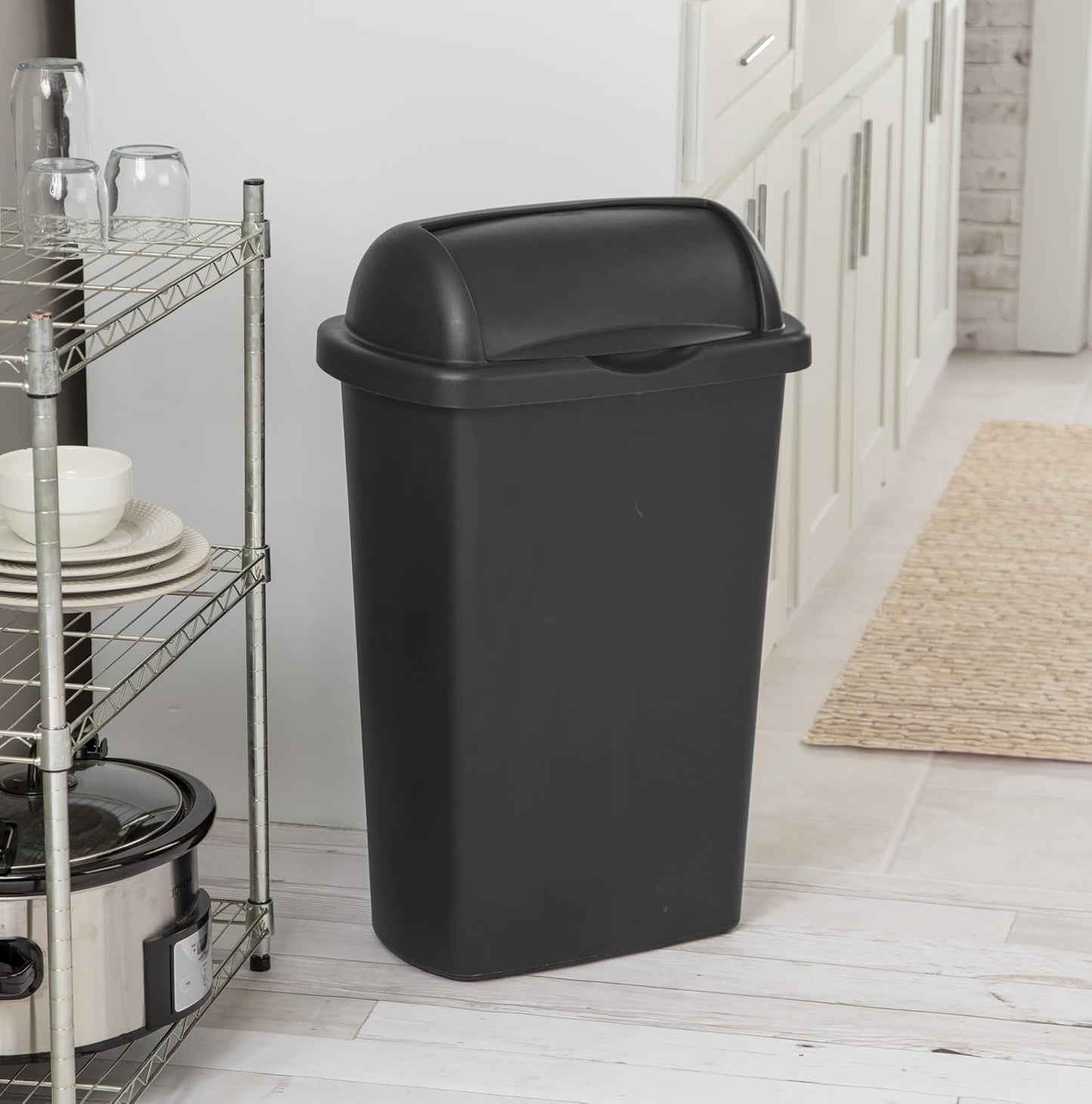 13 Gallon Roll Top Wastebasket – Lift-Open Kitchen Black Trash Can 13 Gallon, Large Office/Home Garbage Basket,Black
