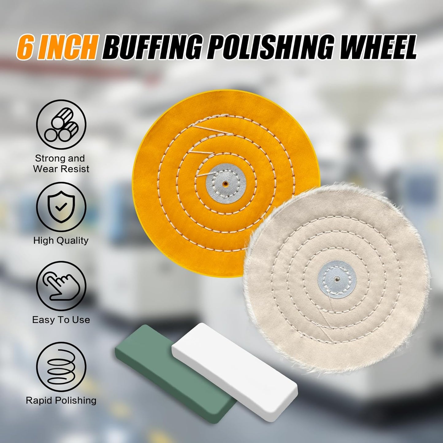 6pcs Buffing Wheel Kit Includes 4pcs 6 Inch Polishing Pads and 2pcs Polishing Compounds, for Bench Grinder for Jewelry, Metal, Wood, Jade, Stainless Steel, Glass, Plastic, Stone Polish