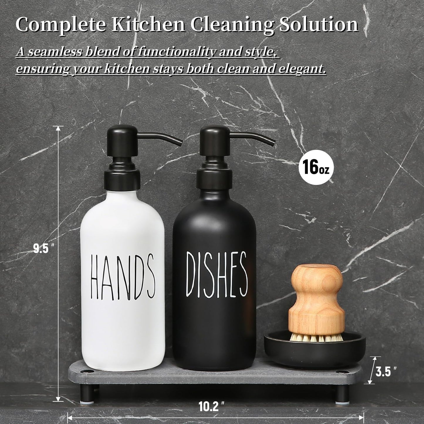 MOMEEMO Soap Dispenser for Kitchen Sink Comes with Stainless Pumps, Instant Dry Tray, and Dish Scrub Brush, Suitable for Black and White Kitchen Decor. (Black & White)