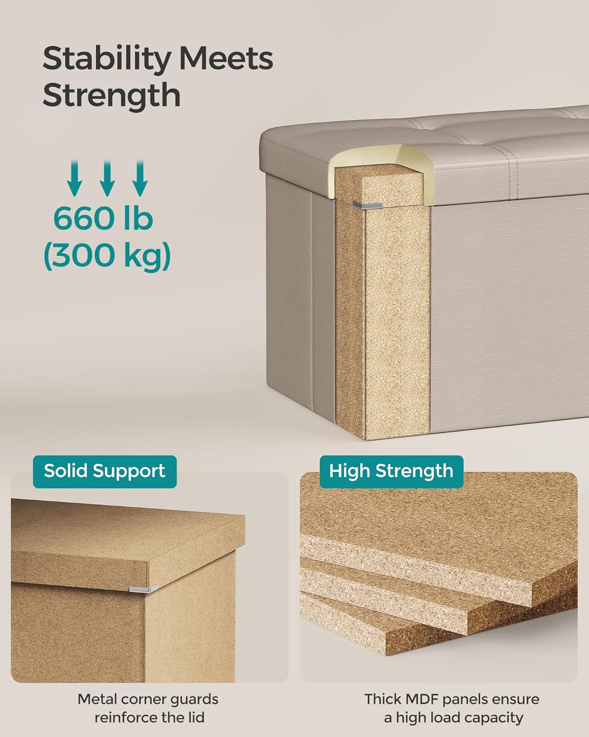 SONGMICS Mazie Collection - 43 Inches Folding Storage Ottoman Bench, Ottoman with Storage, Foot Rest Stool, Load 660 lb, for Living Room, Synthetic Leather, Camel Brown ULSF070K03