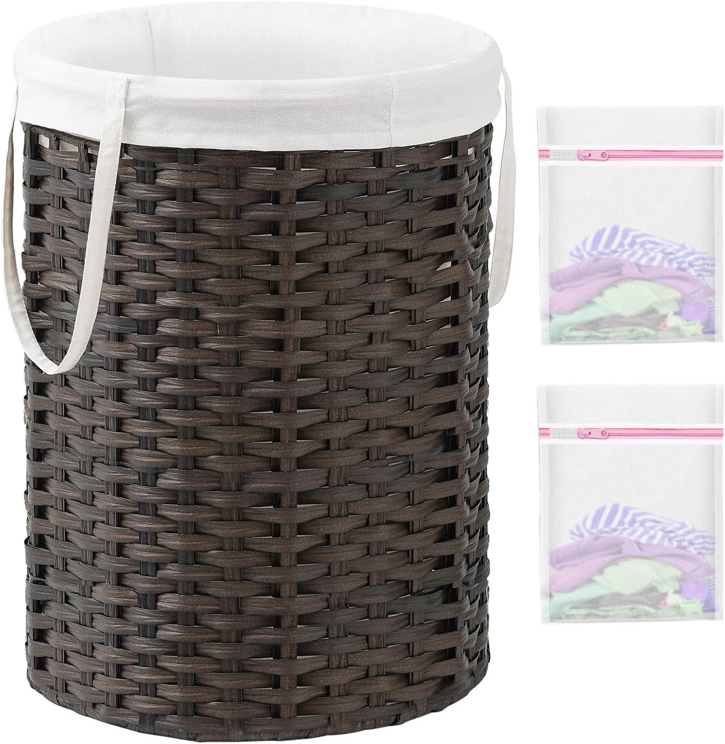 Laundry Basket Round Rattan Laundry Hamper 29.1 Gal (110 L) Handwoven Large Wicker Basket with Handles, Wicker Hamper with Removable Bags and 2 Mesh Bags for Bathroom Living Room Brown