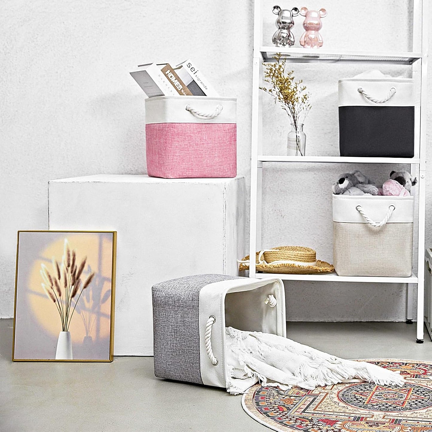 Cube Storage Bins, Collapsible Fabric Storage Cubes Bins, 11 Inch Cube Storage Bins with Handles, Foldable Storage Cubes (White/Beige, 6Pack)