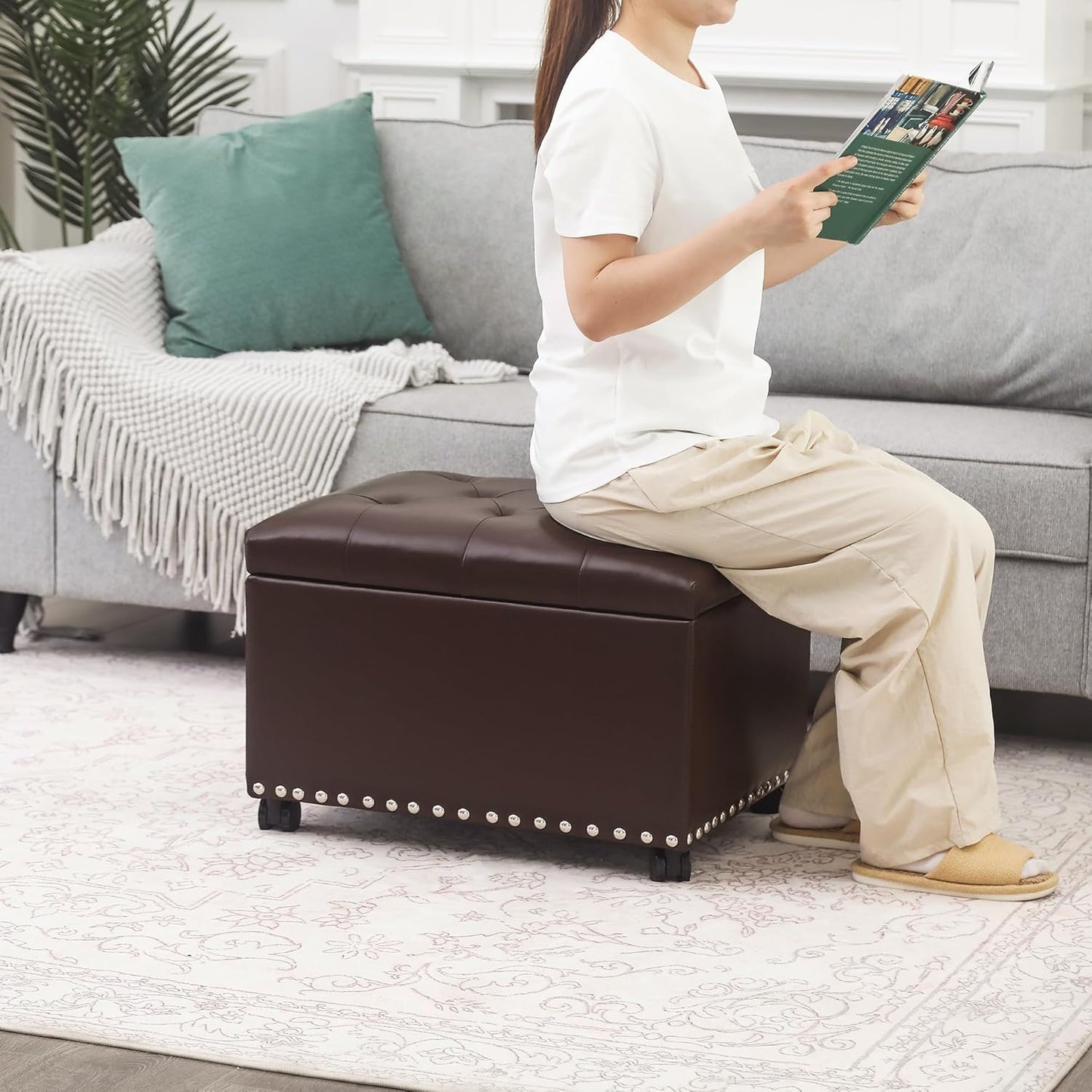 Joveco Leather Storage Ottoman with 360° Caster Wheels 24" Foot Rest Bench Rectangle Ottomans Stool for Living Room Bedroom (Brown, Wheels)